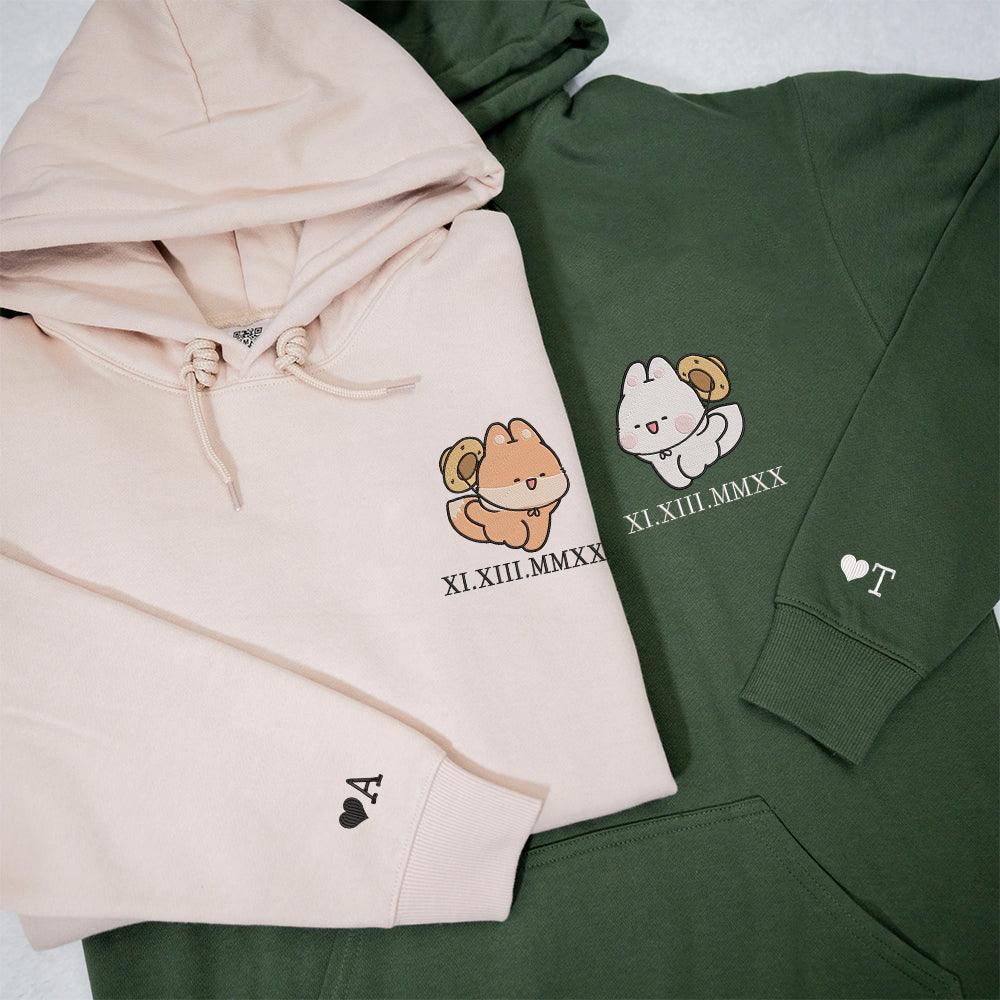 Custom Embroidered Couple Hoodies | Matching Roman Numerals | Cute Fox Design
