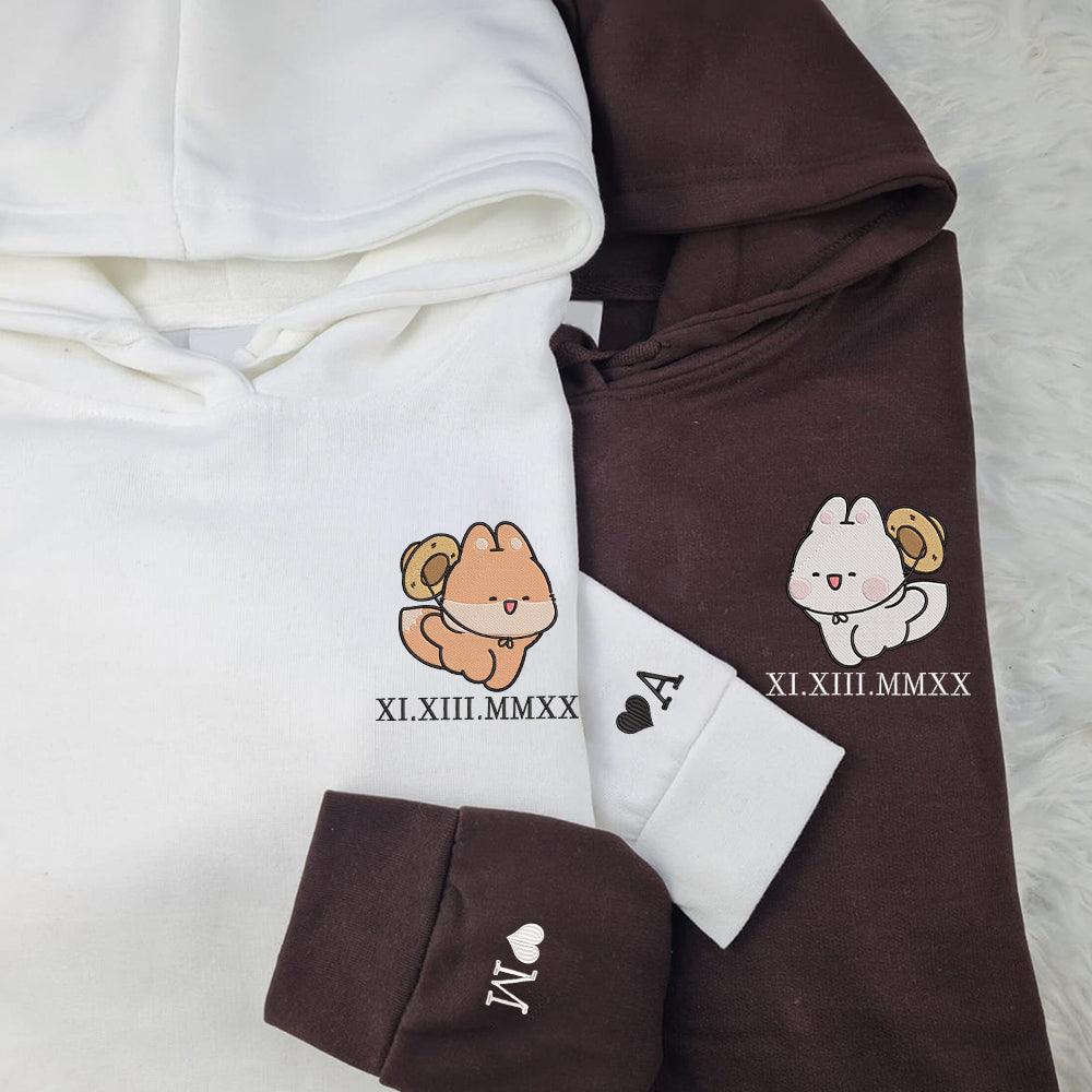Custom Embroidered Couple Hoodies | Matching Roman Numerals | Cute Fox Design