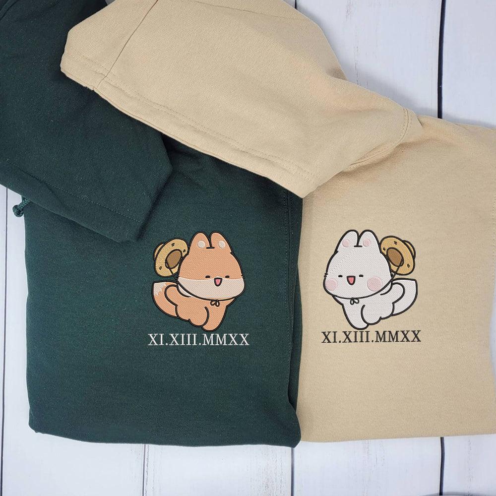 Custom Embroidered Couple Hoodies | Matching Roman Numerals | Cute Fox Design