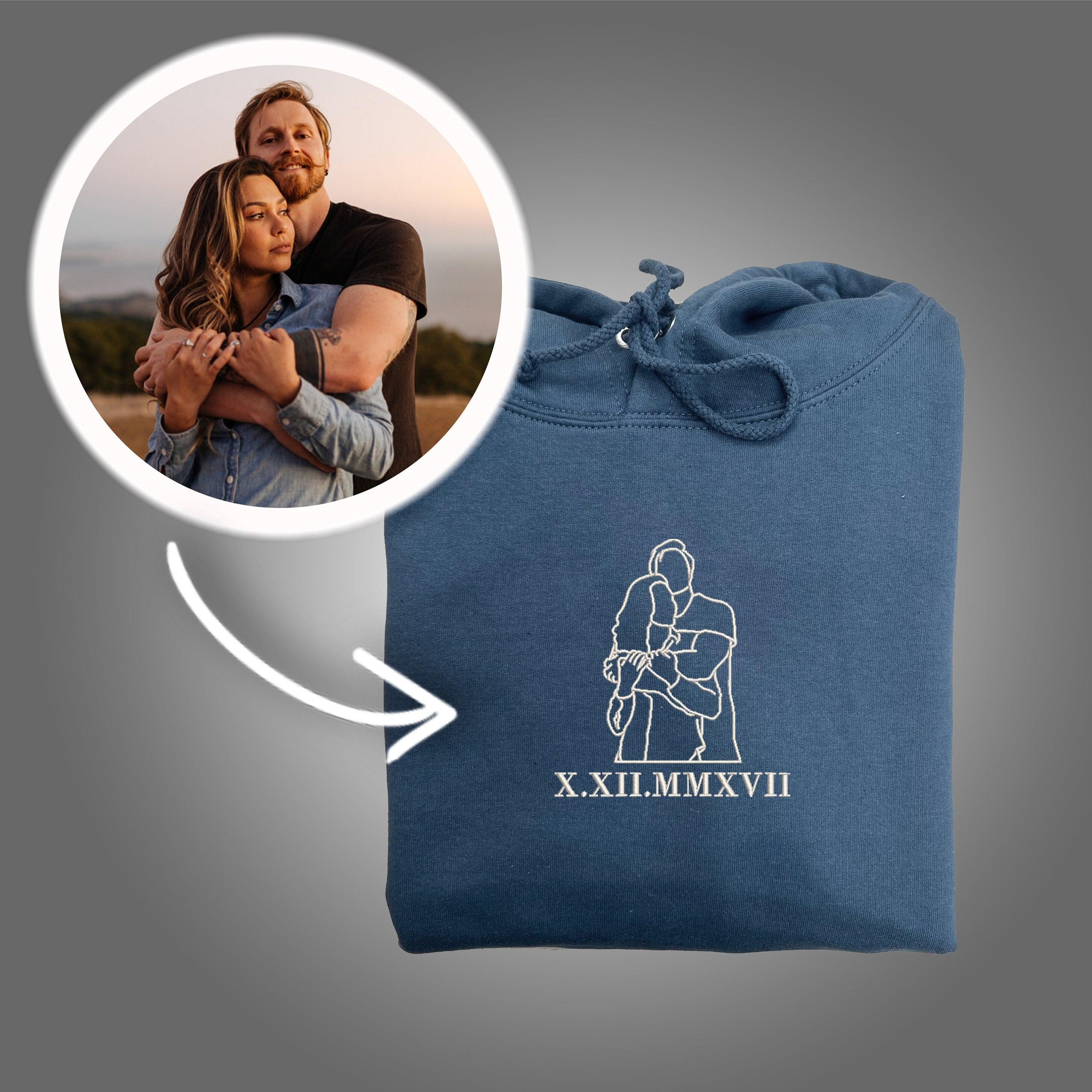 Personalized Embroidered Portrait Outline Photo Roman Numeral Couples Matching Embroidered Sweatshirt