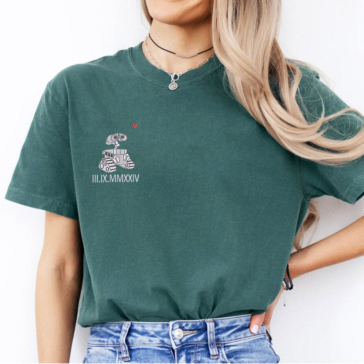 Personalized Anniversary Date Cartoon Robot Duo Embroidered T-shirts