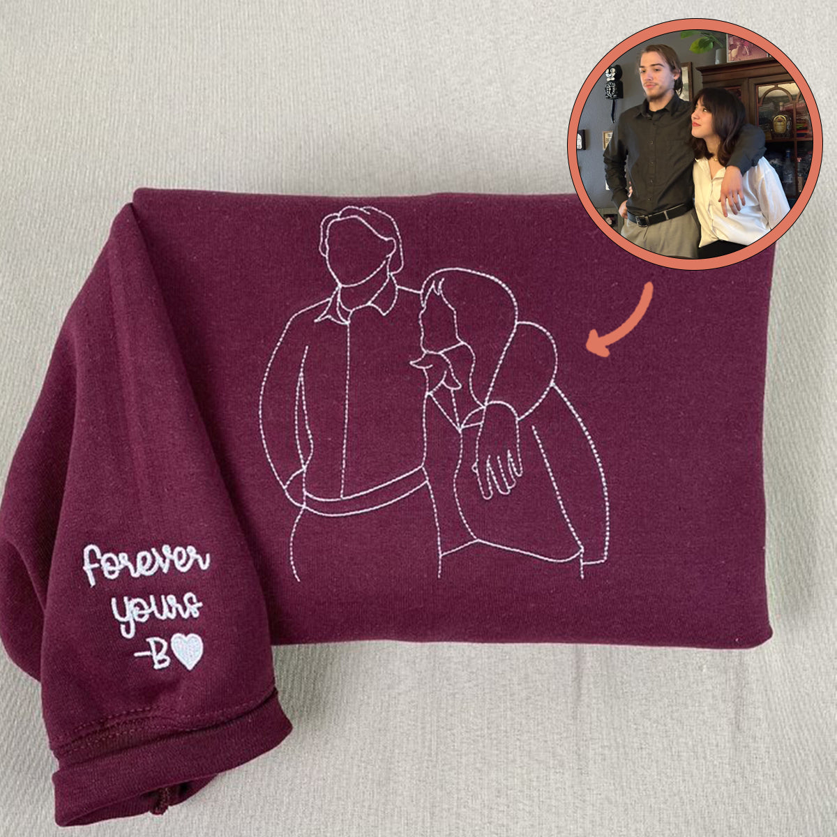 Personalized Embroidered Portrait From Photo Outline Couples Matching Embroidered Sweatshirt