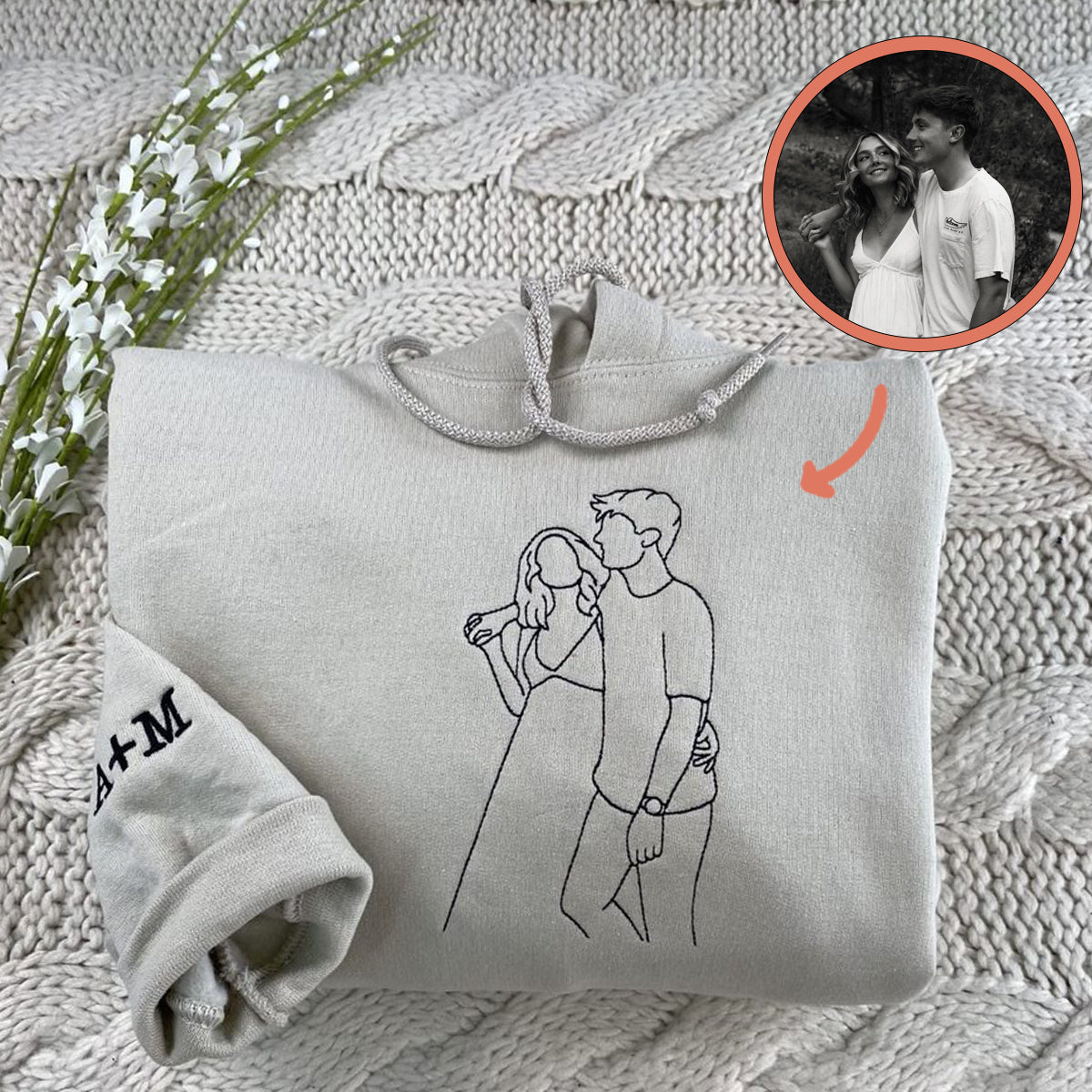 Personalized Embroidered Portrait From Photo Outline Couples Matching Embroidered Sweatshirt