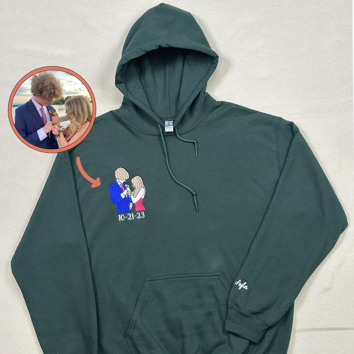 Custom Embroidered Sweatshirts For Couples, Custom Embroidered Portrait Photo Date On Sleeve Matching Couple Embroidered Sweatshirt Hoodie