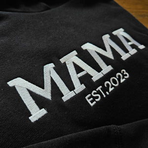 Personalized Mama Sweatshirt with Kid Names on Sleeve, Embroidered Mama Hoodie, New Mom Gift, Mama Sweatshirt, Mama Est Year Crewneck