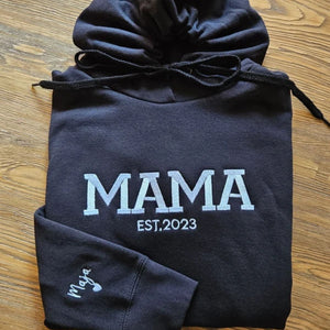 Personalized Mama Sweatshirt with Kid Names on Sleeve, Embroidered Mama Hoodie, New Mom Gift, Mama Sweatshirt, Mama Est Year Crewneck