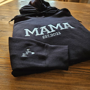 Personalized Mama Sweatshirt with Kid Names on Sleeve, Embroidered Mama Hoodie, New Mom Gift, Mama Sweatshirt, Mama Est Year Crewneck