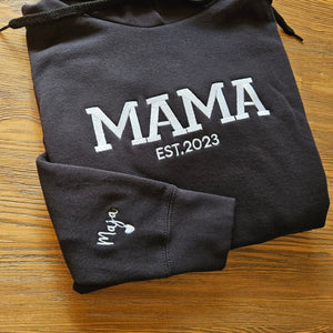 Personalized Mama Sweatshirt with Kid Names on Sleeve, Embroidered Mama Hoodie, New Mom Gift, Mama Sweatshirt, Mama Est Year Crewneck