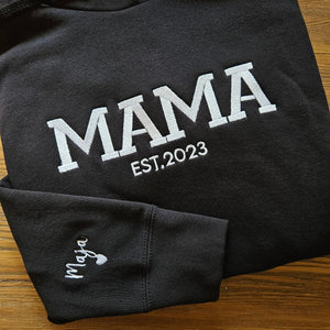 Personalized Mama Sweatshirt with Kid Names on Sleeve, Embroidered Mama Hoodie, New Mom Gift, Mama Sweatshirt, Mama Est Year Crewneck