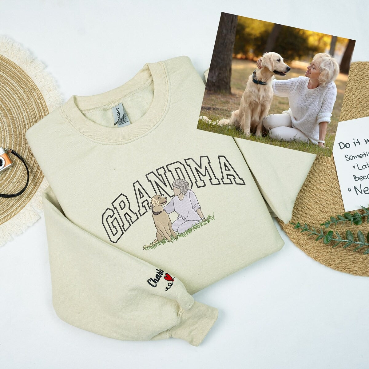 Pet and Owner Sweatshirt, Custom Embroidered Grandma Portrait Hoodie, Christmas Gift For Grandma