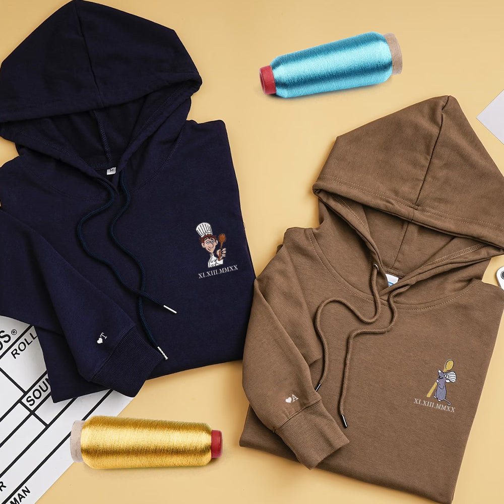 Custom Embroidered Roman Numeral Hoodies For Couples, Roman Numeral Date Hoodie, Chef x Mouse Cartoon Couples Embroidered Hoodie