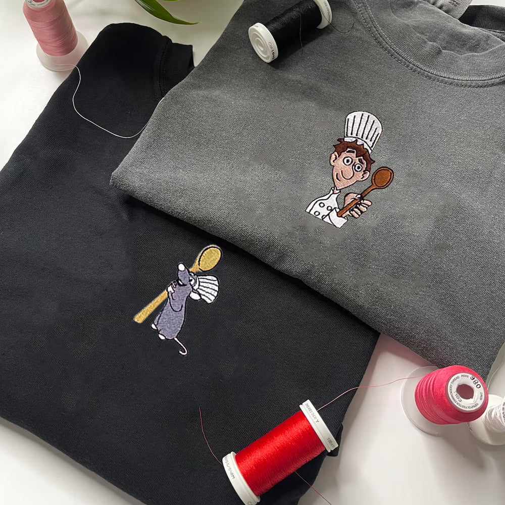 Custom Embroidered Sweatshirts For Couples, Custom Matching Couple Sweatshirt, Cute Chef x Mouse Couples Embroidered Crewneck Sweater