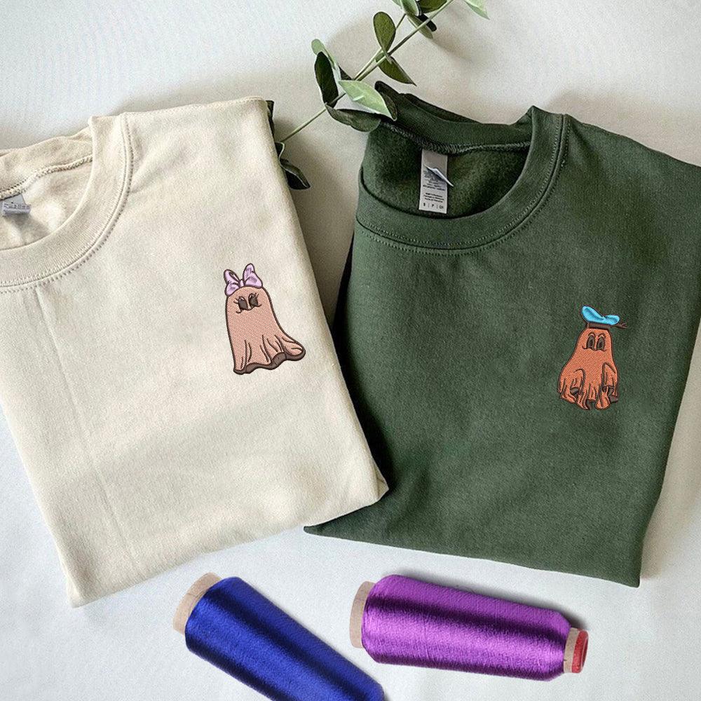 Custom Embroidered Halloween Sweatshirts For Couples, Custom Matching Couple Sweatshirt, Trick or Treat Ghost Duck Couples Embroidered Sweater