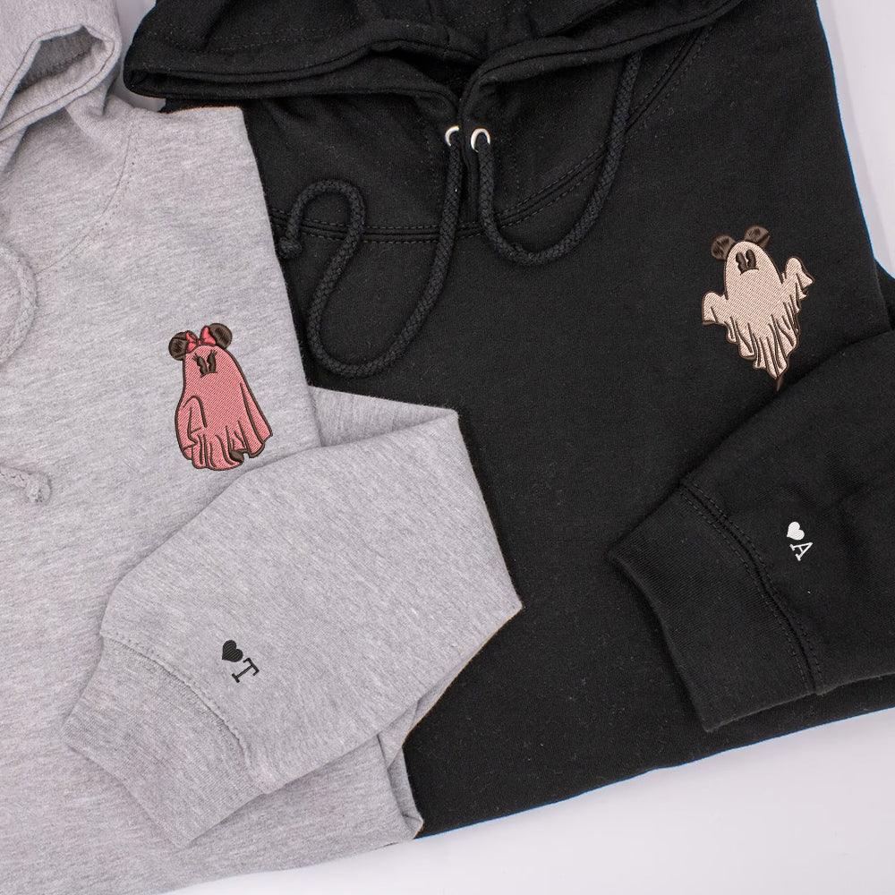 Custom Embroidered Halloween Hoodies For Couples, Custom Matching Couple Hoodies, Trick or Treat Ghost Mouse Couples Embroidered Hoodie