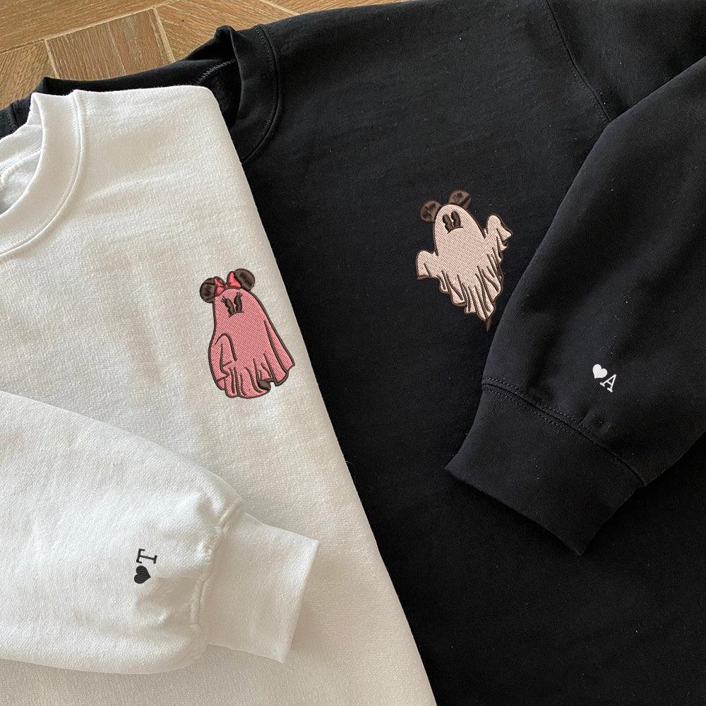 Custom Embroidered Halloween Sweatshirts For Couples, Custom Matching Couple Sweatshirt, Trick or Treat Ghost Mouse Couples Embroidered Sweater