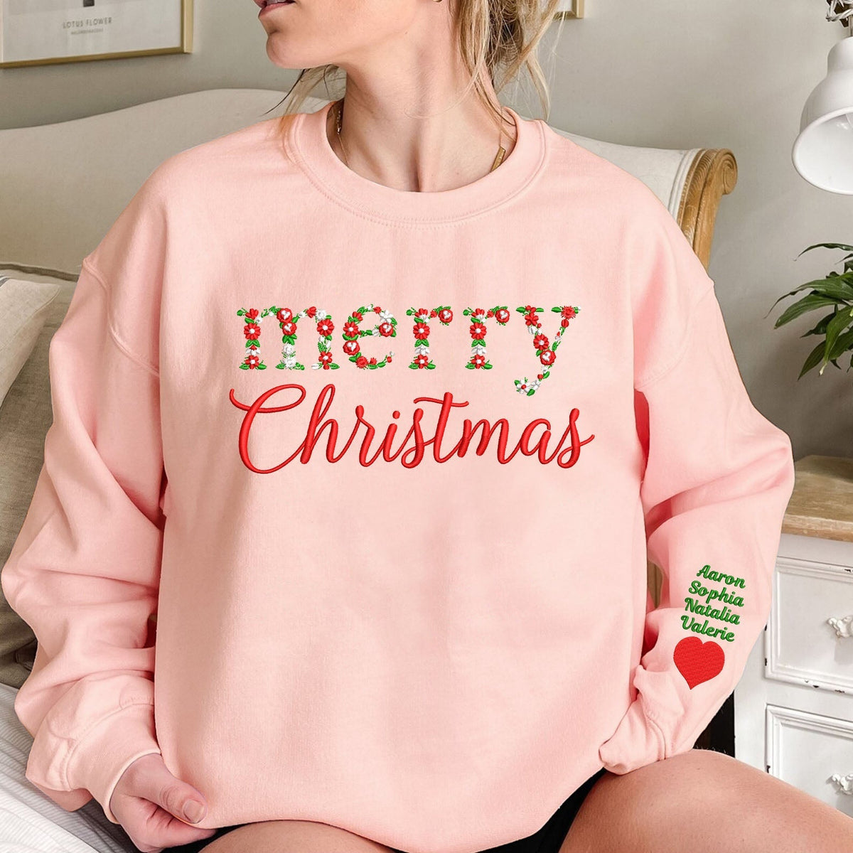 Custom Merry Christmas Floral Embroidered Sweatshirt