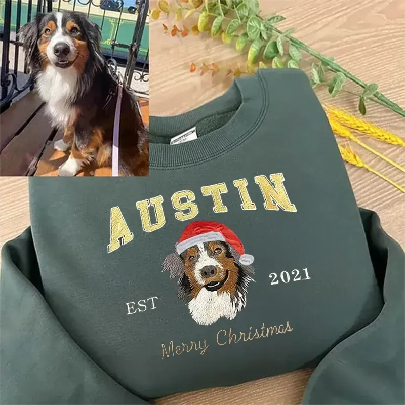 Custom Preppy Christmas Embroidered Pet Portrait Fleece Sweatshirt / Hoodie