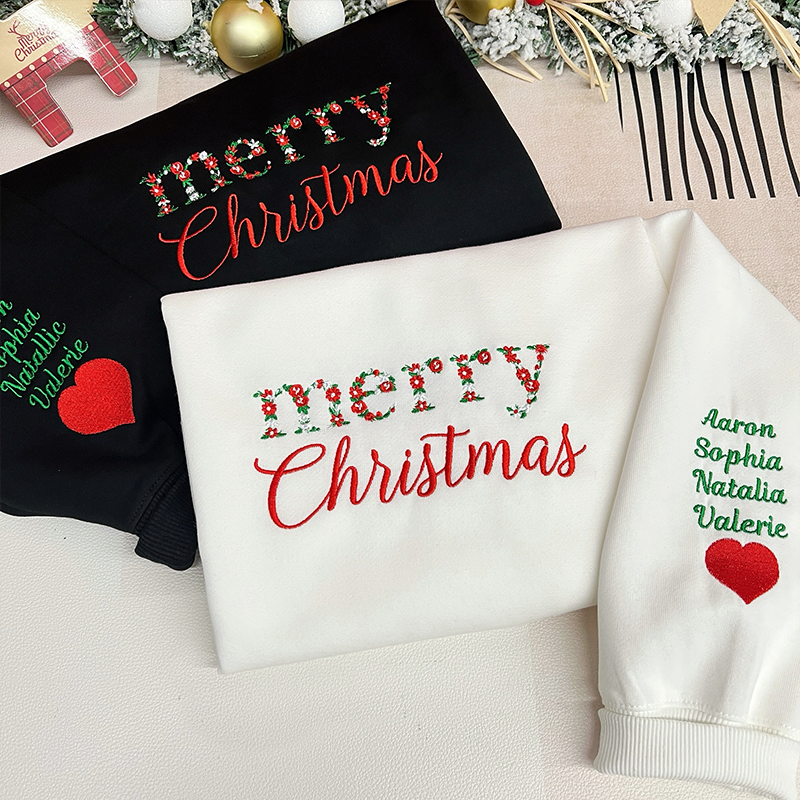 Custom Merry Christmas Floral Embroidered Sweatshirt