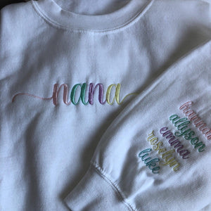 Custom Nana Embroidered Sweatshirt, Custom Grandma Embroidered Hoodie, Personalized Grandkids Names on Sleeve