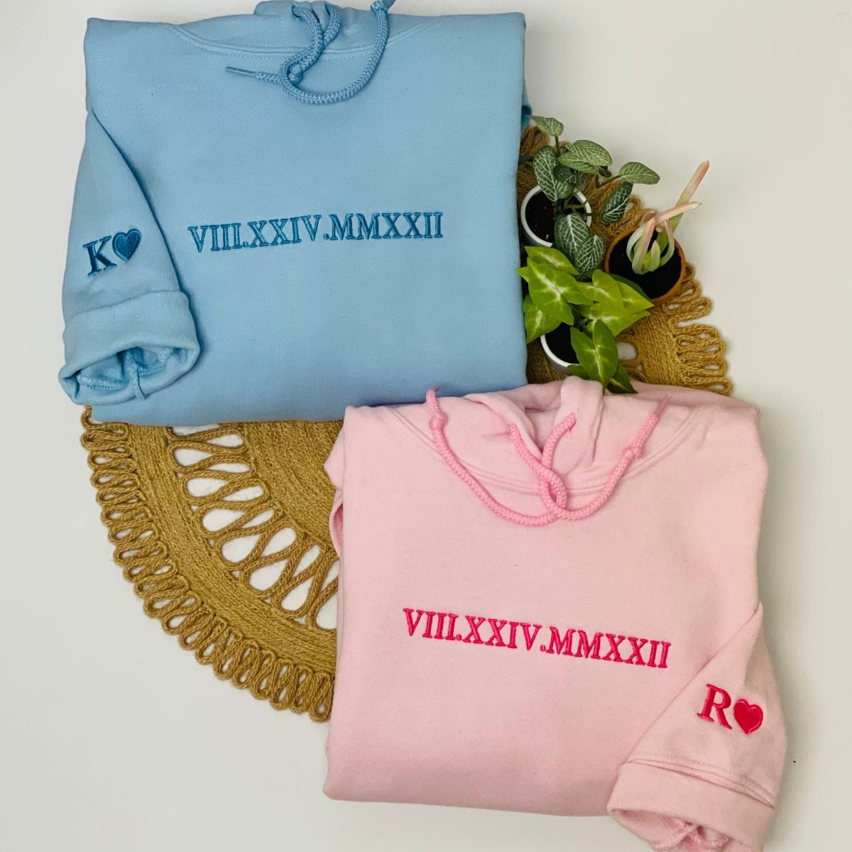 Custom Embroidered Sweatshirts For Couples, Custom Roman Numerals Couples Custom Embroidered Sweatshirt